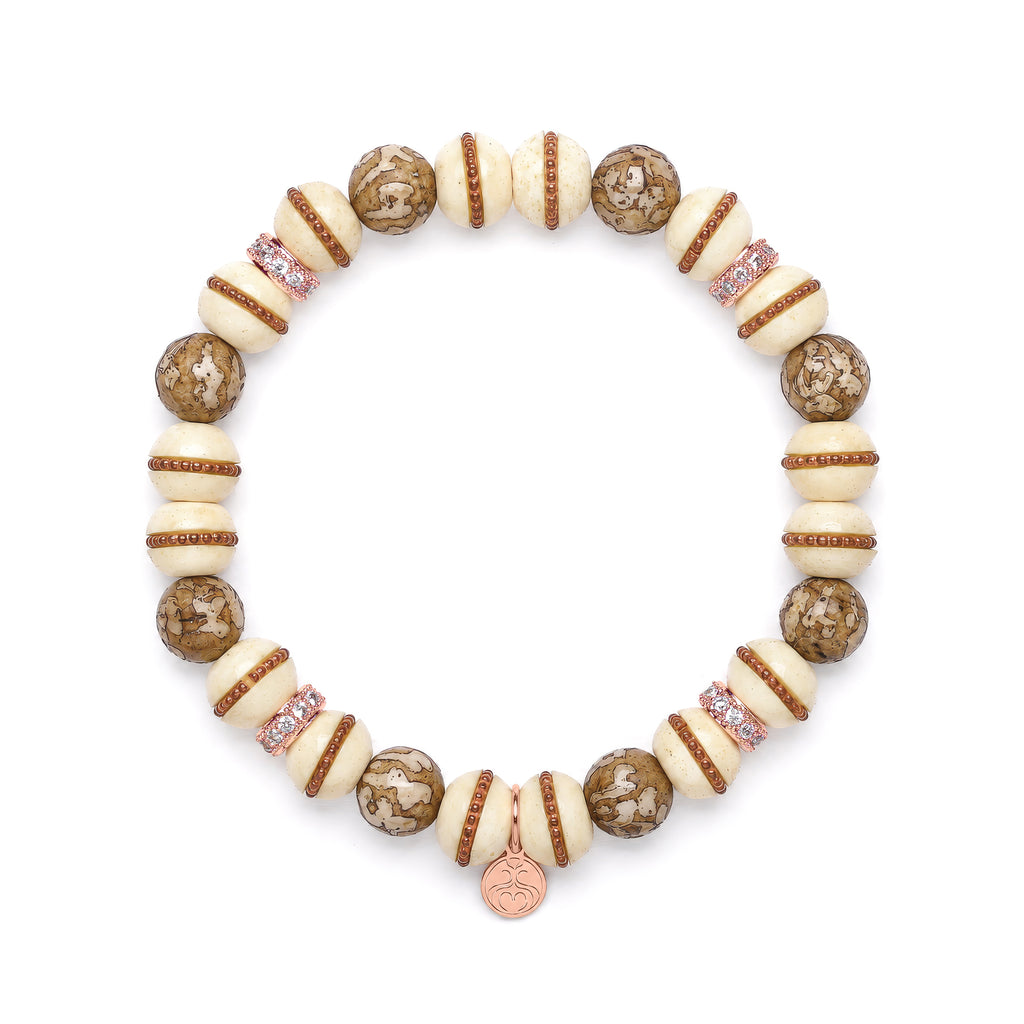 Desert Spirit Bracelet | White Inlaid Bone | Brown Patterned Bone | Rose Gold Pave