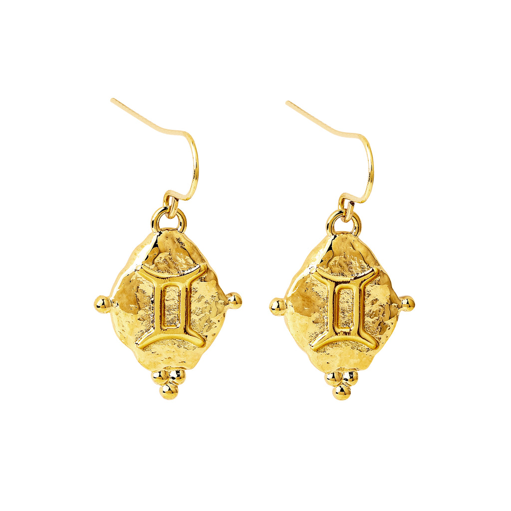 Gemini Zodiac Dangle Earrings in 18k Gold | Vintage Antique Style Jewelry