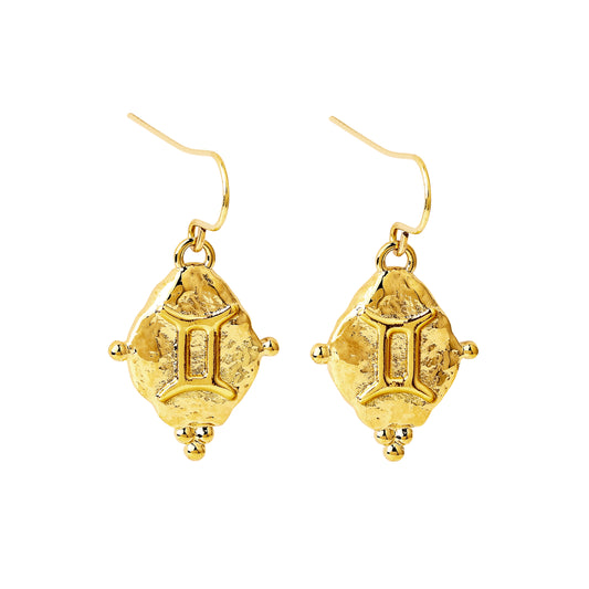 Gemini Vintage-Style Dangle Earrings, 18k Gold Plated with Antique Zodiac Symbol