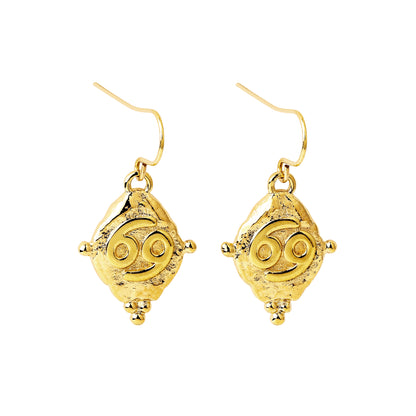 Cancer Vintage-Style Dangle Earrings, 18k Gold Plated with Antique Zodiac Symbol
