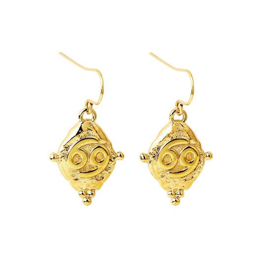 Cancer Vintage-Style Dangle Earrings, 18k Gold Plated with Antique Zodiac Symbol