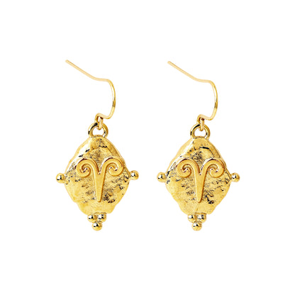 Aries Vintage-Style Dangle Earrings, 18k Gold Plated with Antique Zodiac Symbol