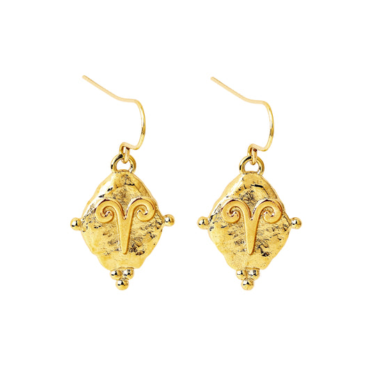 Aries Vintage-Style Dangle Earrings, 18k Gold Plated with Antique Zodiac Symbol