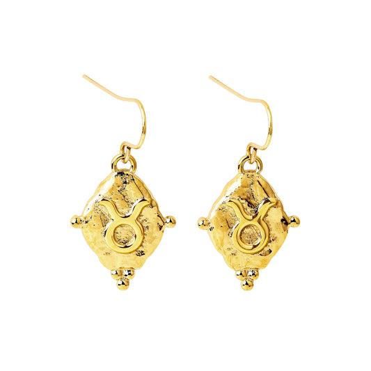 Taurus Vintage-Style Dangle Earrings, 18k Gold Plated with Antique Zodiac Symbol