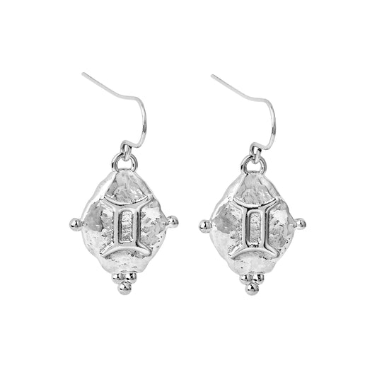 Gemini Vintage-Style Dangle Earrings, White Rhodium Plated with Antique Zodiac Symbol