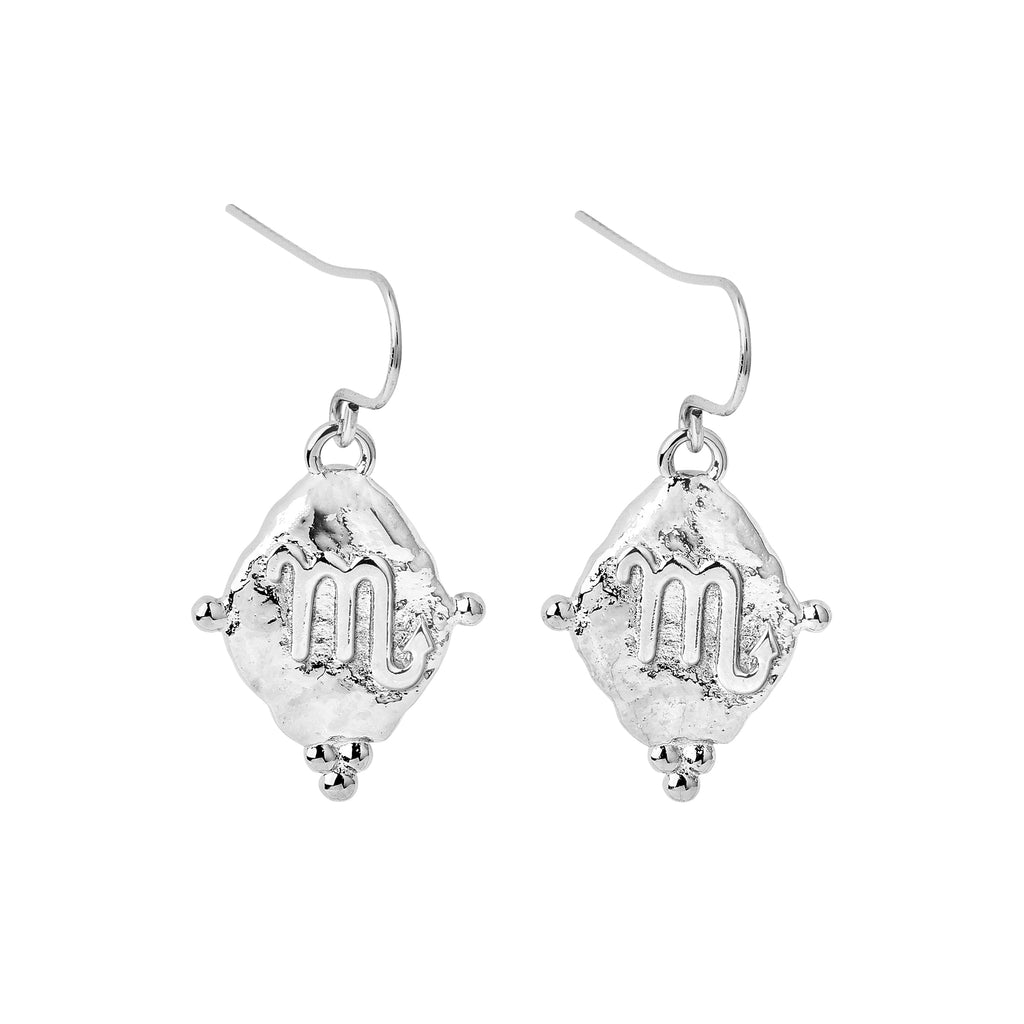 Scorpio Zodiac Dangle Earrings in White Rhodium | Vintage Style Jewelry