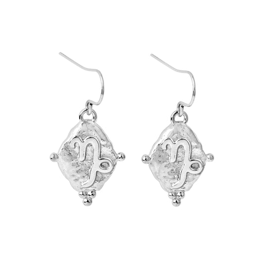 Capricorn Vintage-Style Dangle Earrings, White Rhodium Plated