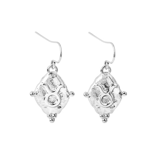 Taurus Vintage-Style Dangle Earrings, White Rhodium Plated with Antique Zodiac Symbol