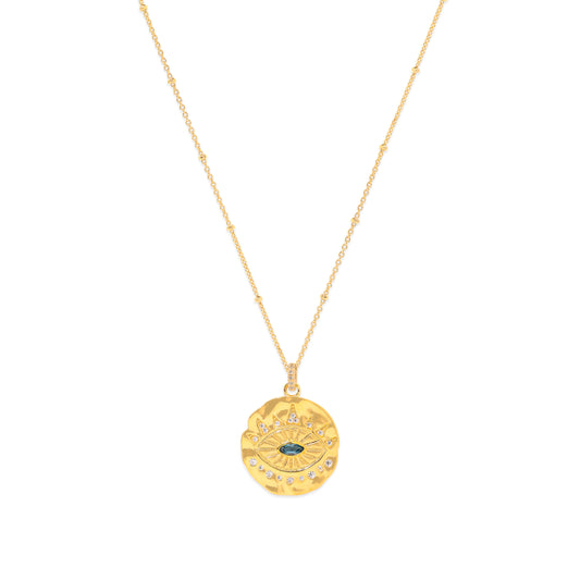 Evil Eye Protection Necklace, Blue Topaz, 18k Gold, New Version 2025