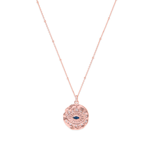 Evil Eye Protection Necklace, Blue Topaz, Rose Gold, New Version 2025