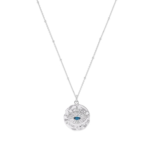 Evil Eye Protection Necklace, Blue Topaz, White Rhodium, New Version 2025
