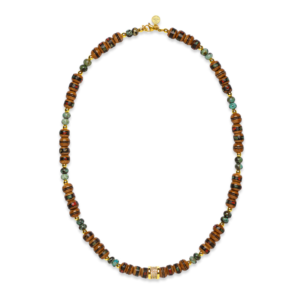 Sacred Earth Talisman Necklace | Brown Inlaid Bone Beads | African Turquoise | Spiritual Healing Necklace | Gold Plated