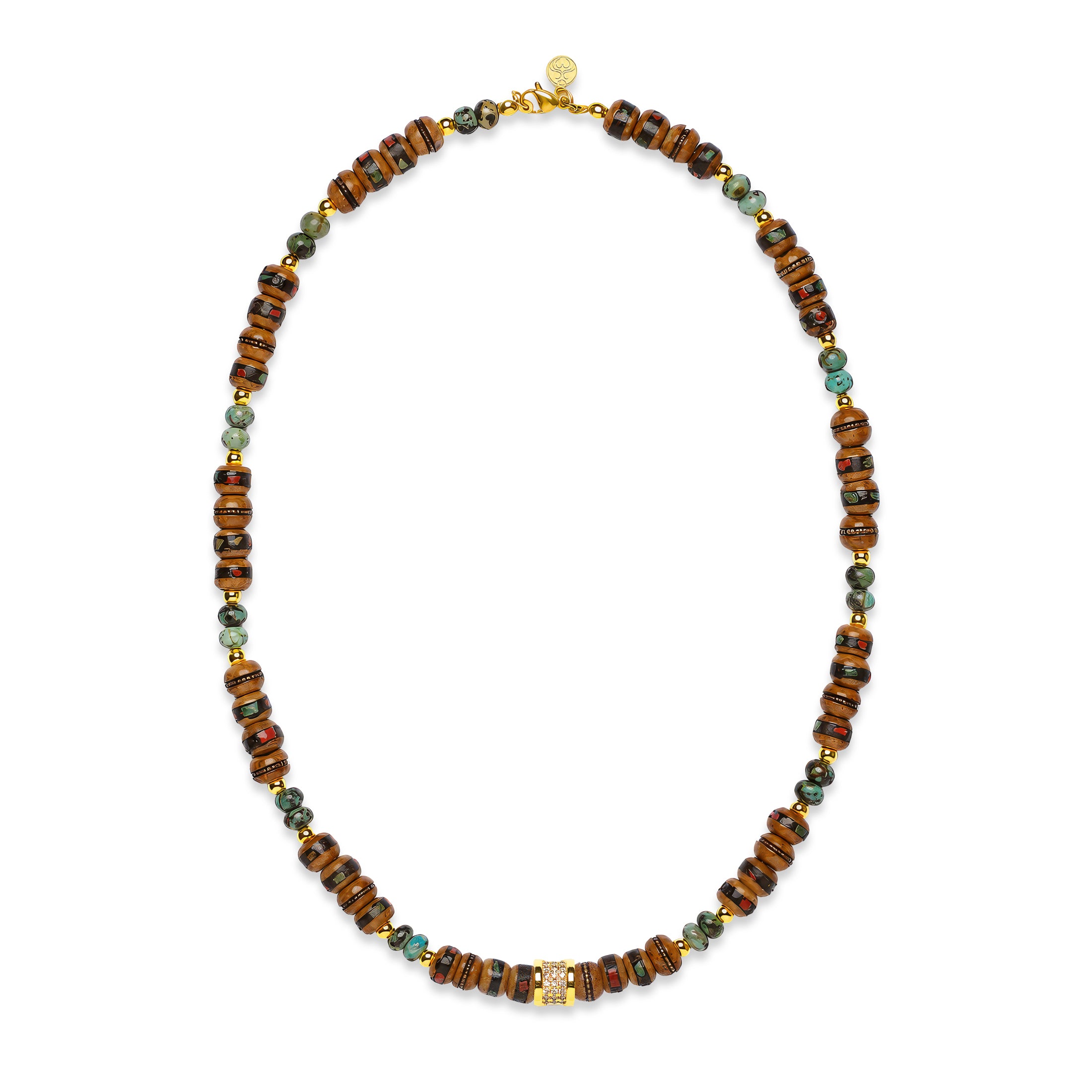 Sacred Earth Talisman Necklace | Brown Inlaid Bone Beads | African Turquoise | Spiritual Healing Necklace | Gold Plated