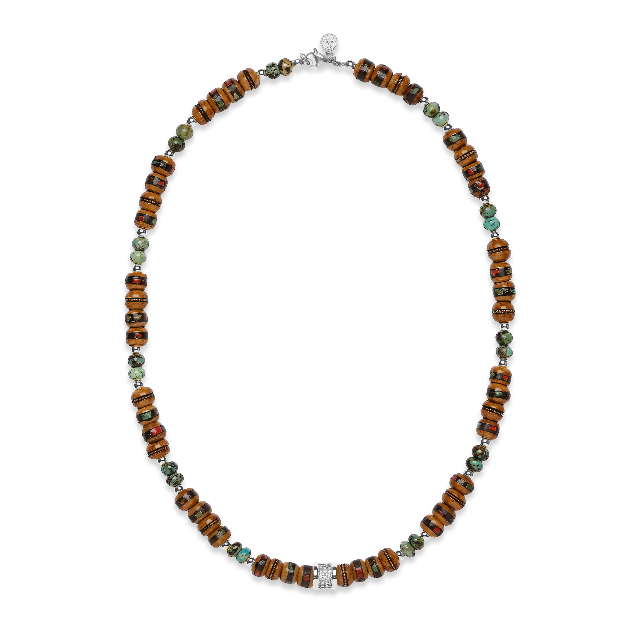 Sacred Earth Talisman Necklace | Brown Inlaid Bone Beads | African Turquoise | Spiritual Healing Necklace | Rhodium Plated