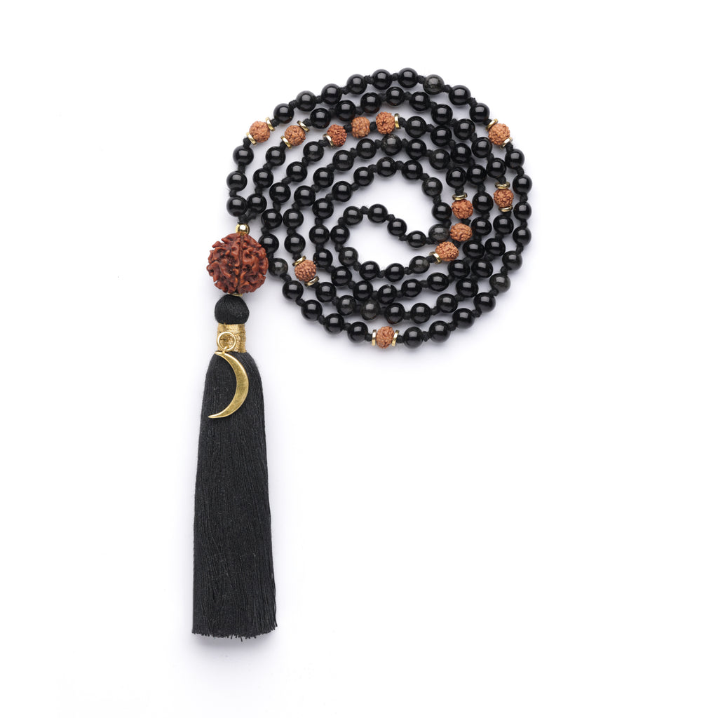 Emotional Stability & Protection Black Tourmaline Mala – Rishikesh Charity Collection Meditation Necklace