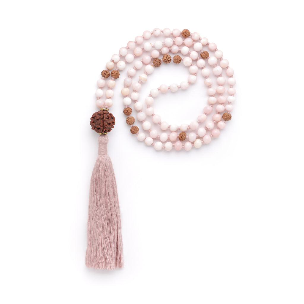 Higher Realms Pink Opal & Rudraksha Mala – Rishikesh Charity Collection Meditation Necklace