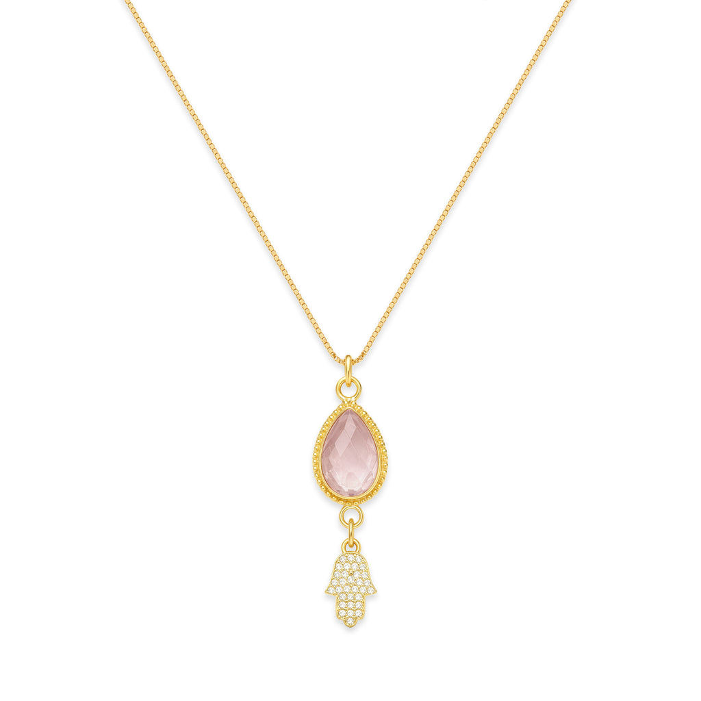 Hamsa Rose Quartz Necklace for Love & Protection in Gold | Spiritual Healing Jewelry