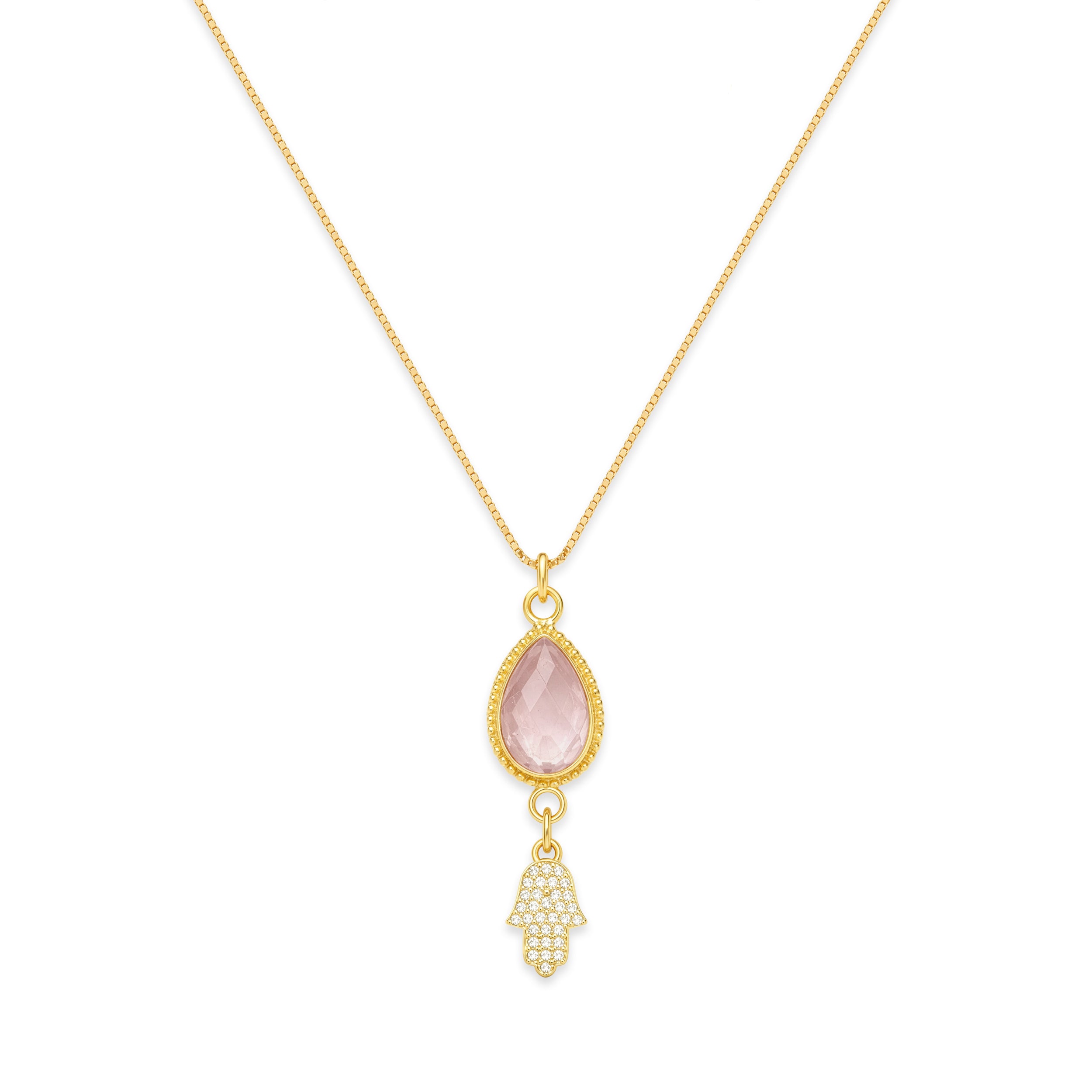 Hamsa Rose Quartz Necklace for Love & Protection in Gold | Spiritual Healing Jewelry