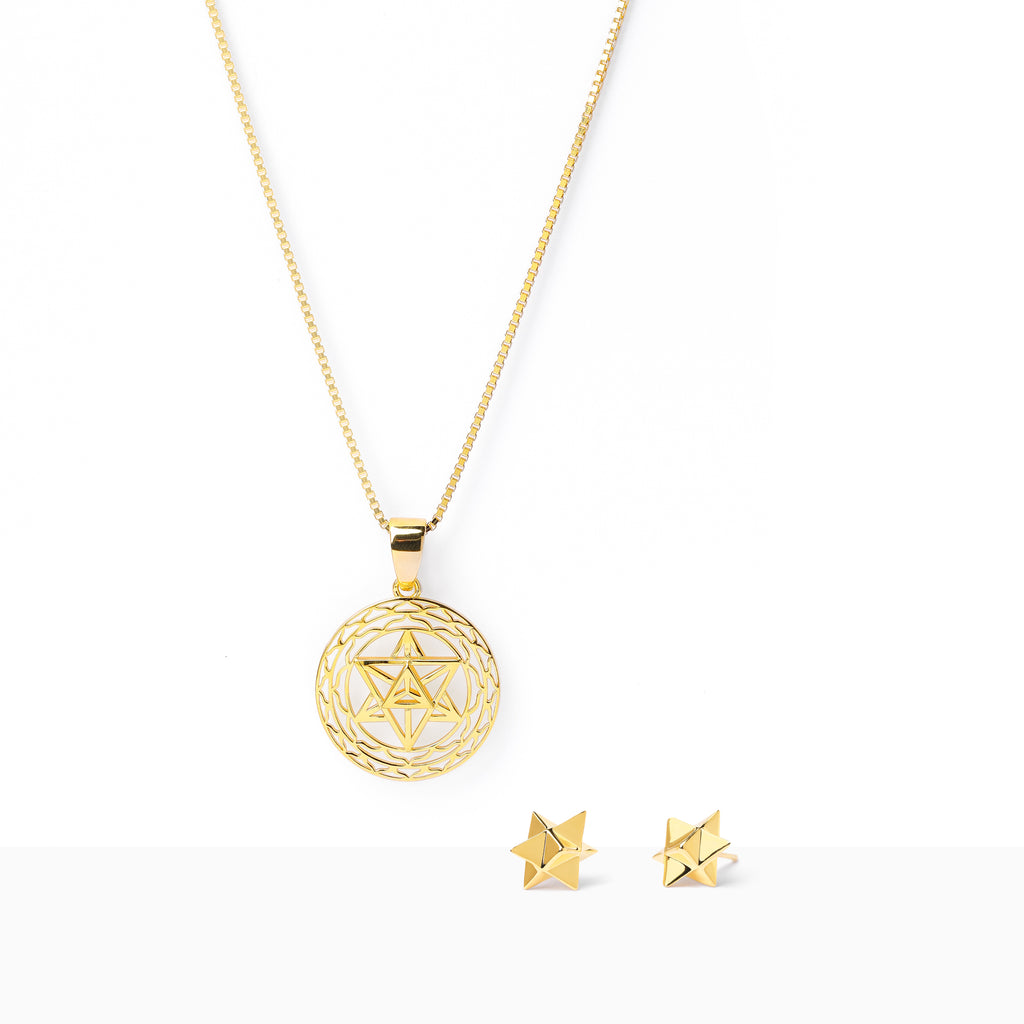 Merkaba Star Light Body Activation Set – Necklace & Earrings in 18K Gold Spiritual Jewelry