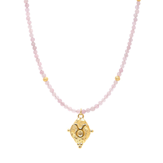 Taurus Gemstone Choker Necklace, Rose Quartz, 18k Gold Plated