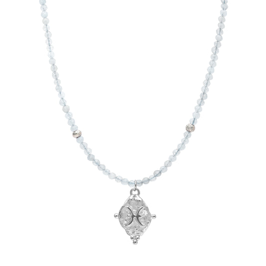 Pisces Gemstone Choker Necklace, Aquamarine, White Rhodium
