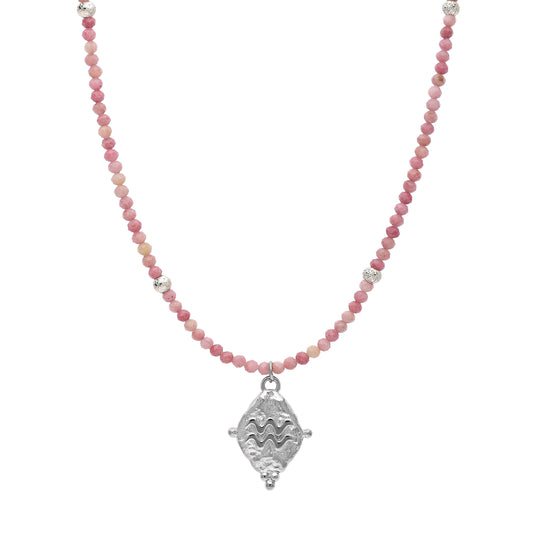Aquarius Gemstone Choker Necklace, Rhodonite, White Rhodium Plated