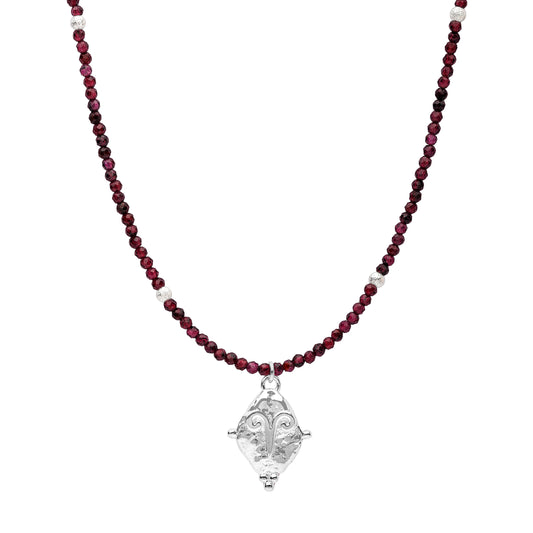 Aries Gemstone Choker Necklace, Red Garnet, White Rhodium Plated