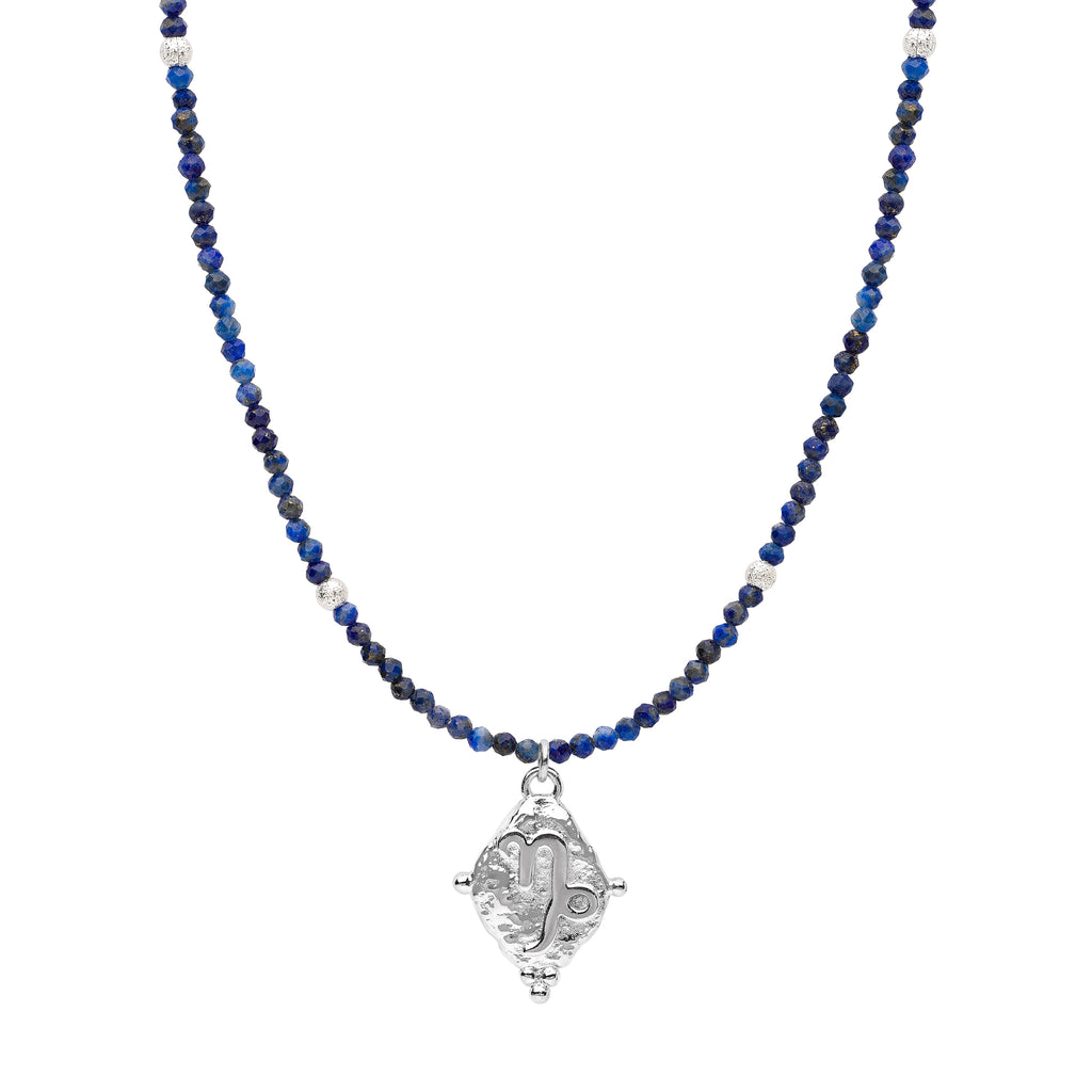 Capricorn Zodiac Choker Necklace – Lapis Lazuli White Rhodium Plated Horoscope Jewelry