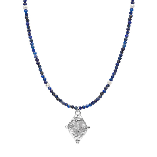 Capricorn Gemstone Choker Necklace, Lapis Lazuli, White Rhodium Plated