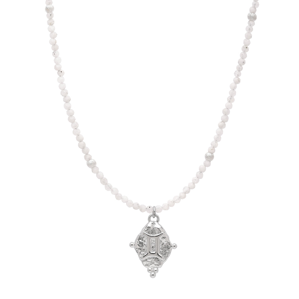 Gemini Zodiac Choker Necklace – White Moonstone White Rhodium Plated Horoscope Jewelry