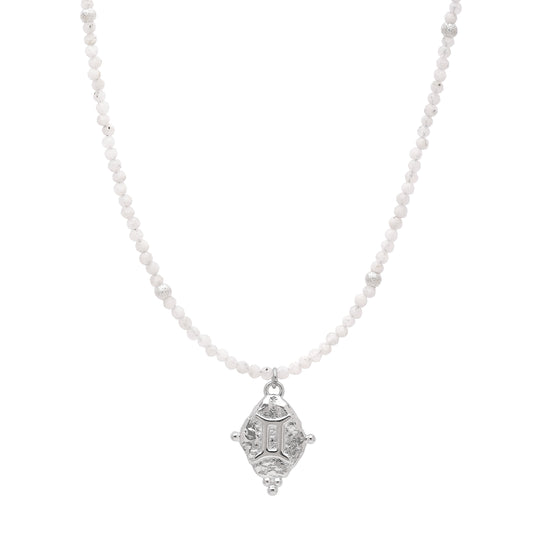 Gemini Gemstone Choker Necklace, White Moonstone, White Rhodium Plated