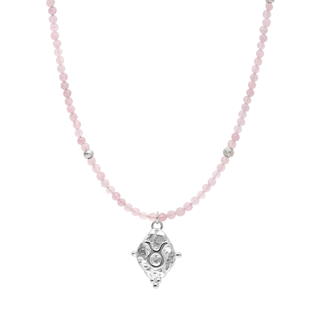 Taurus Zodiac Choker Necklace – Rose Quartz White Rhodium Plated Horoscope Jewelry