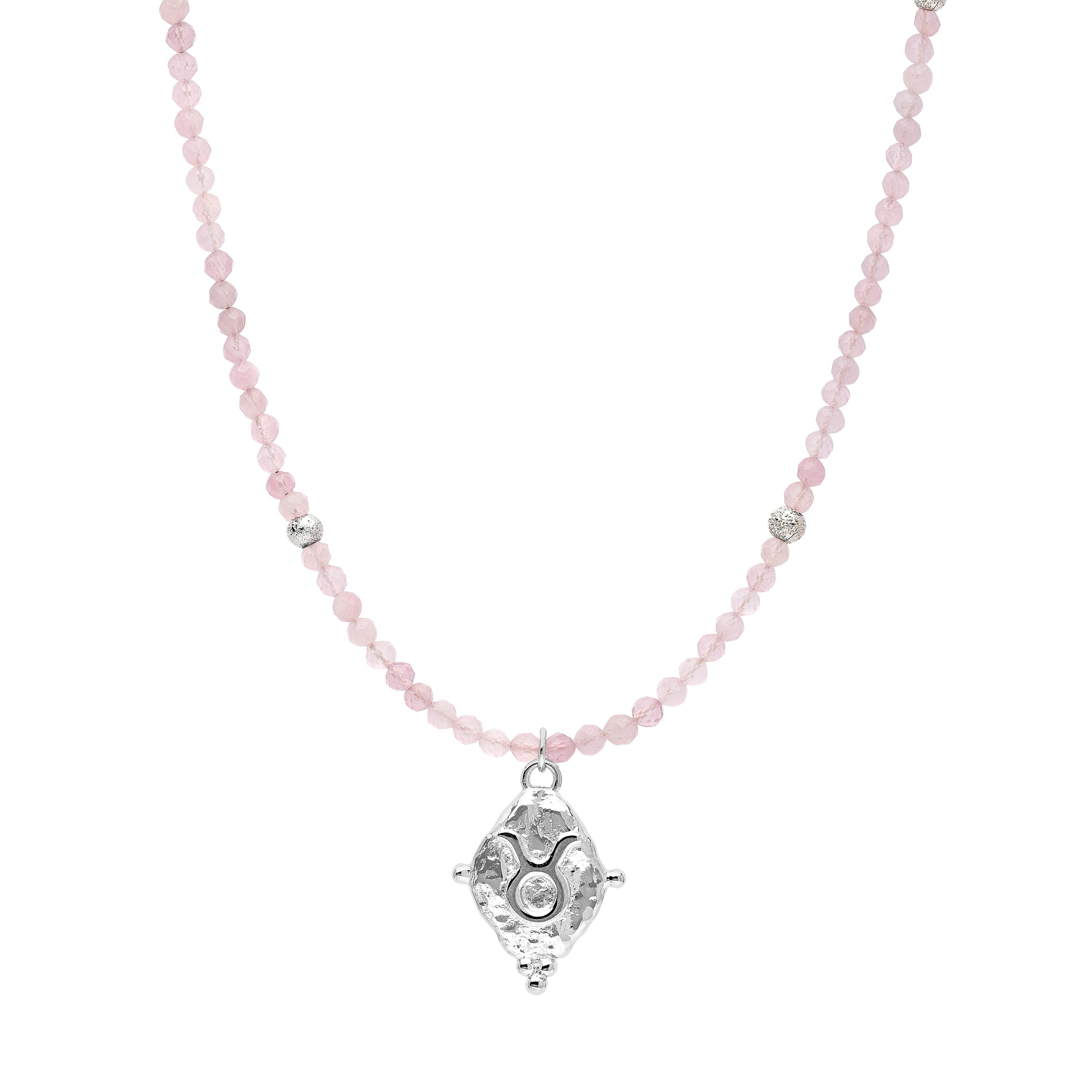 Taurus Zodiac Choker Necklace – Rose Quartz White Rhodium Plated Horoscope Jewelry