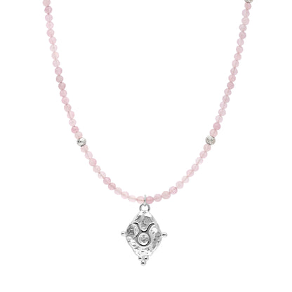 Taurus Gemstone Choker Necklace, Rose Quartz, White Rhodium Plated
