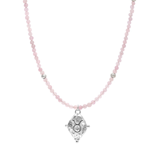 Taurus Gemstone Choker Necklace, Rose Quartz, White Rhodium Plated