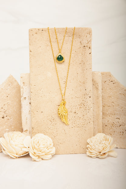Archangel Raphael Angel of Healing Necklace, Green Agate, 18k Gold