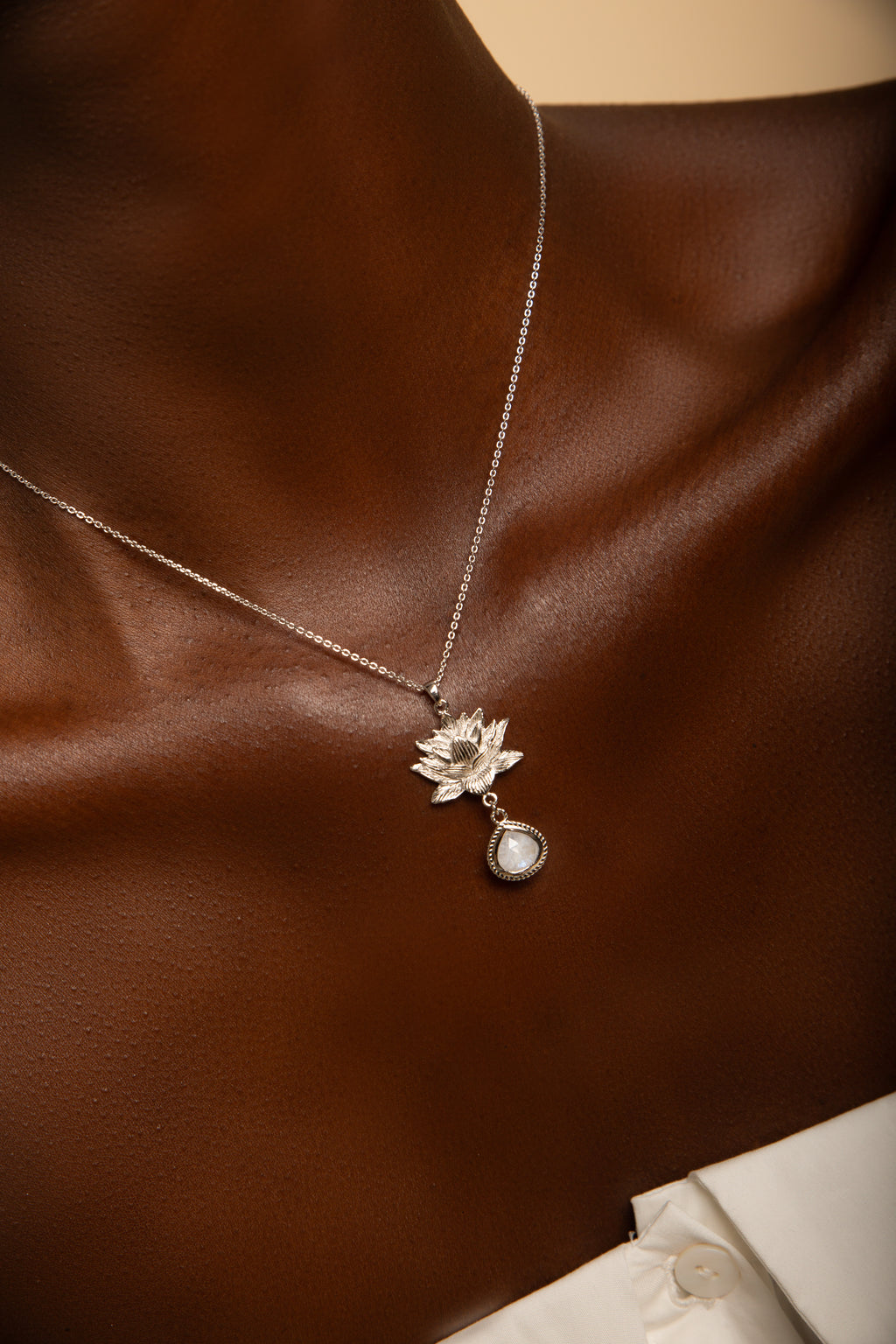 Goddess Lotus Necklace – Moonstone – White Rhodium Spiritual Jewelry