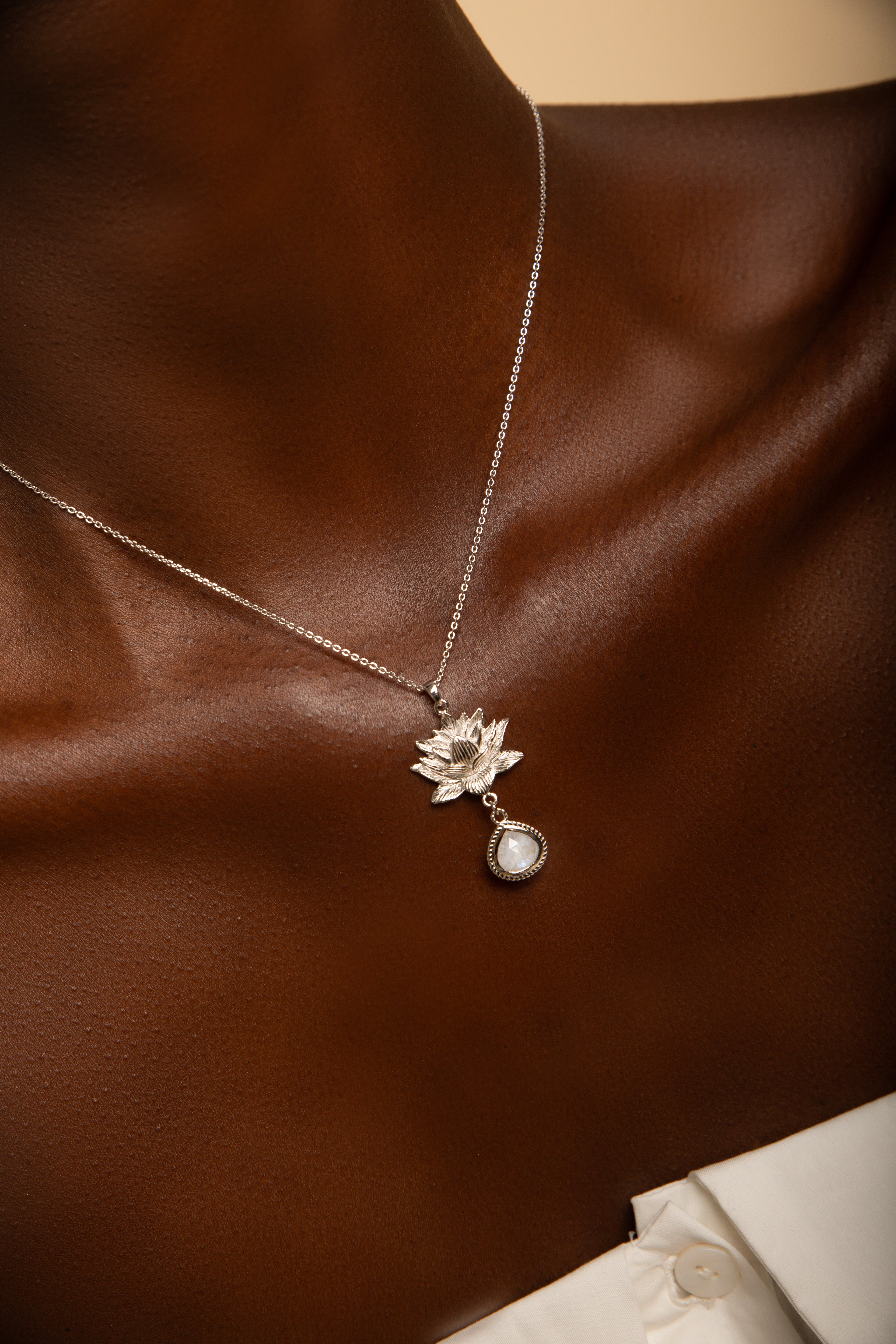 Goddess Lotus Necklace – Moonstone – White Rhodium Spiritual Jewelry