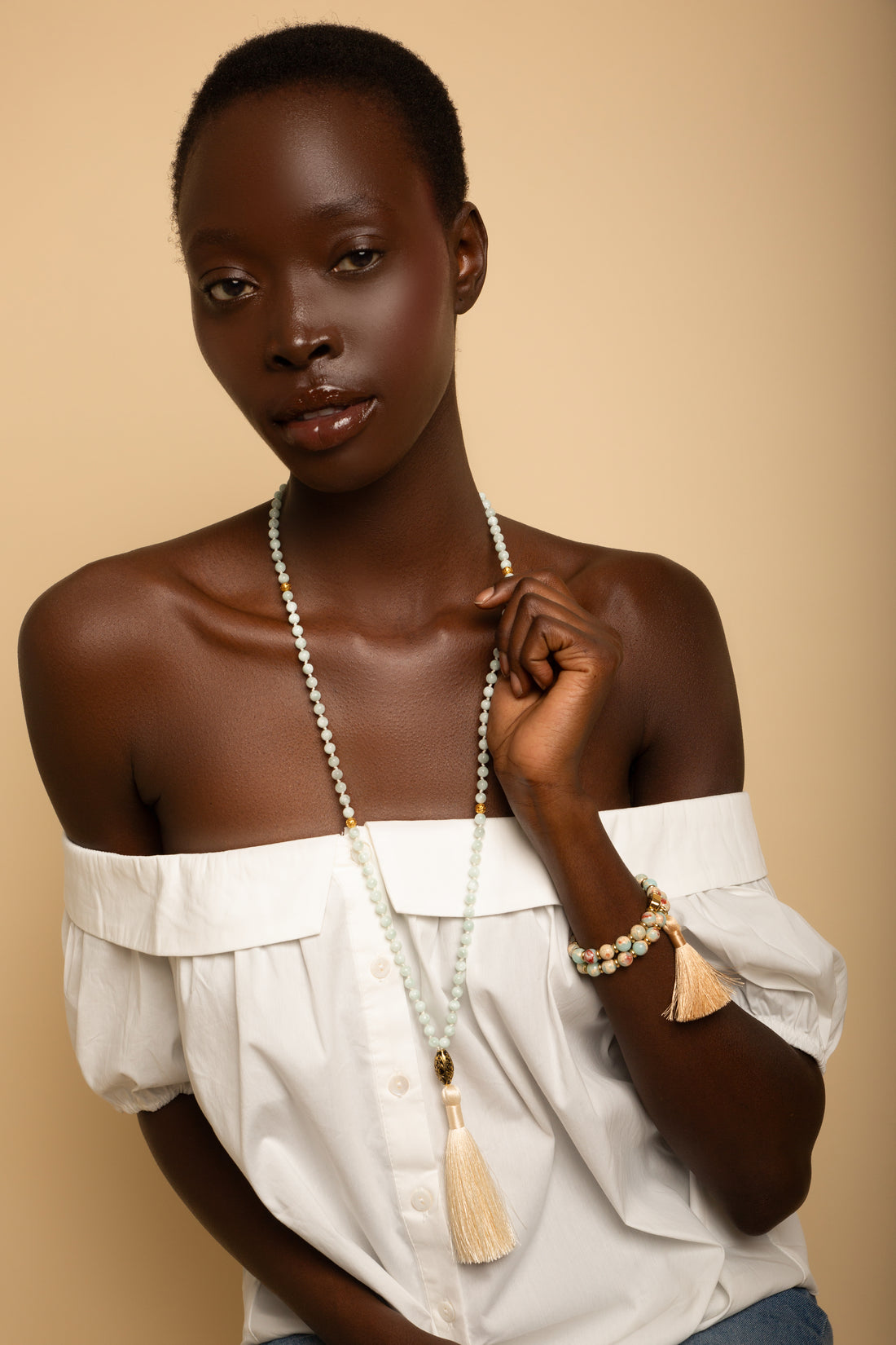 Blue Snake Skin Jasper Transformation and Growth Wrist Mala Tassel Bracelet