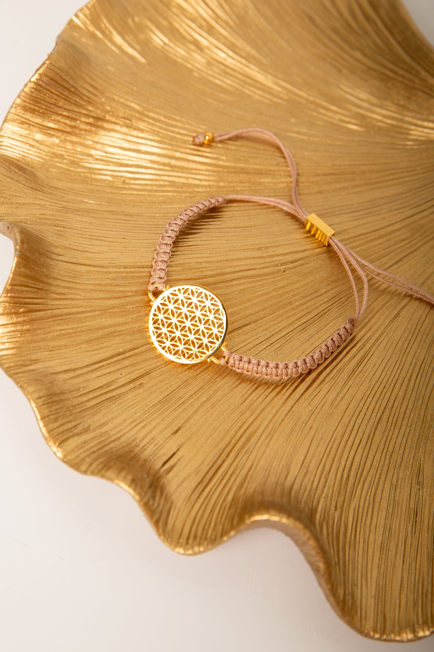 Heart in Bloom Flower of Life Woven Bracelet, Taupe, 18k Gold, One Size