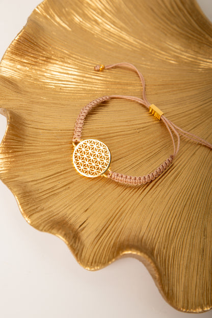 Heart in Bloom Flower of Life Woven Bracelet, Taupe, 18k Gold, One Size
