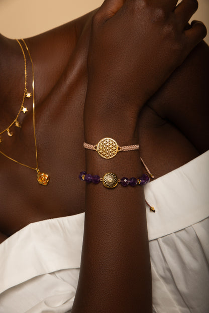 Heart in Bloom Flower of Life Woven Bracelet, Taupe, 18k Gold, One Size