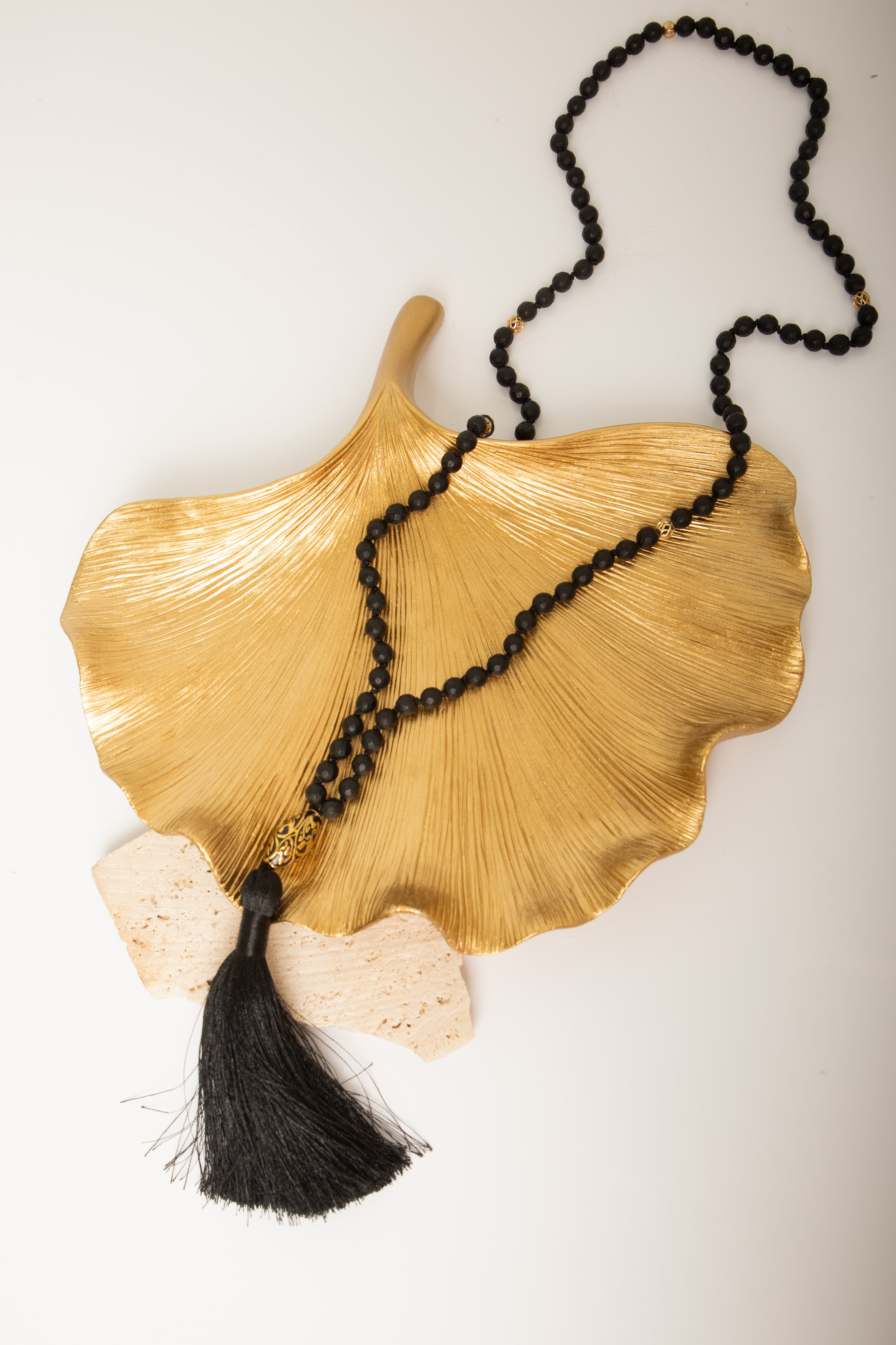 Energy Protection Black Onyx Repoussé Mala – White Rhodium Plated Spiritual Jewelry