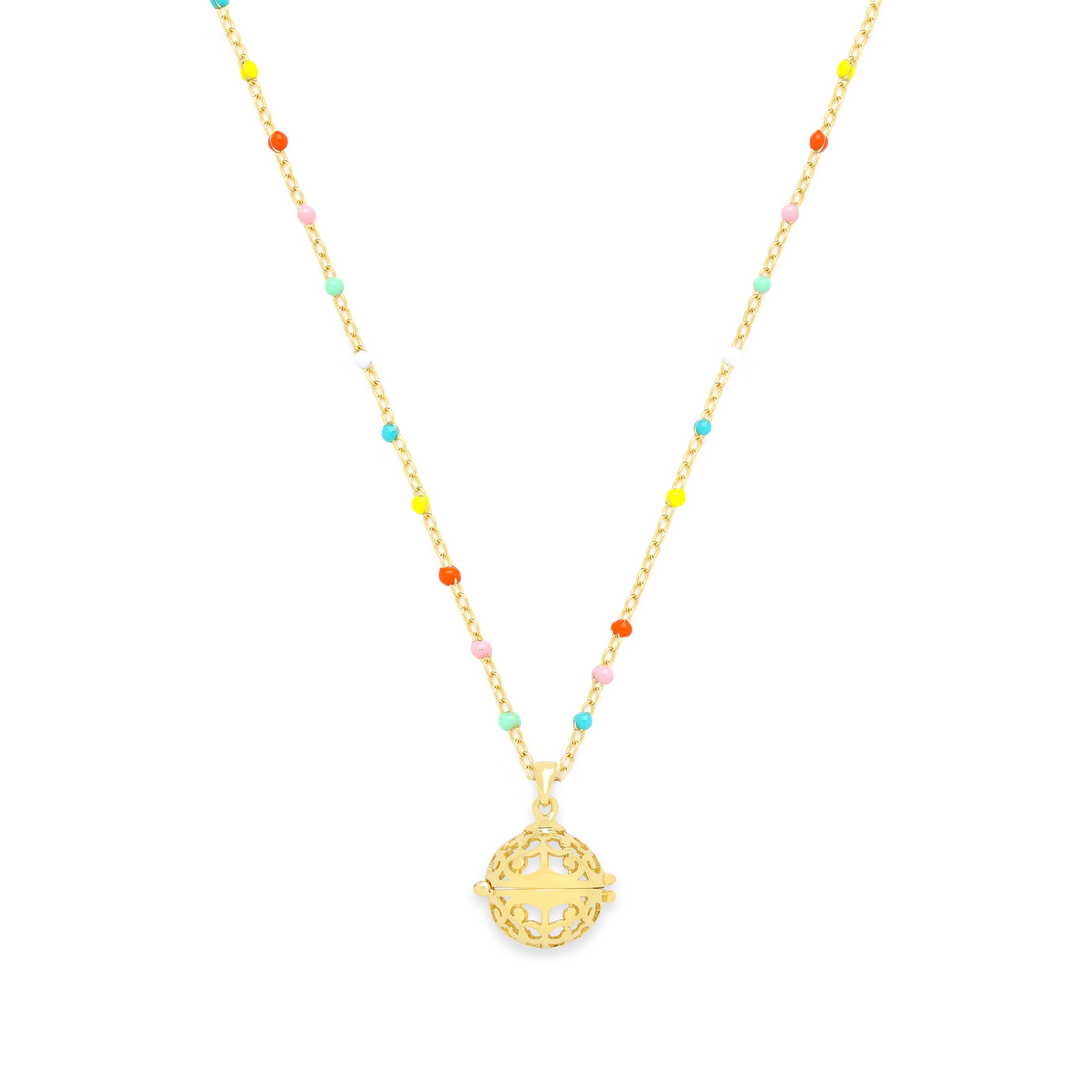 Aromatherapy Diffuser Locket Necklace – Multi-Colored Enamel Beaded Chain in 18K Gold