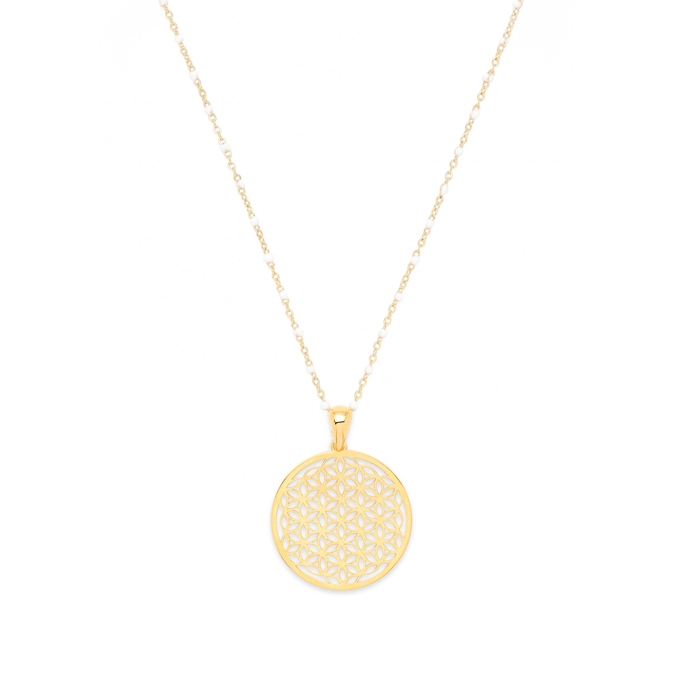 Peaceful Heart Flower of Life Necklace – White Enamel in 18K Gold Spiritual Jewelry