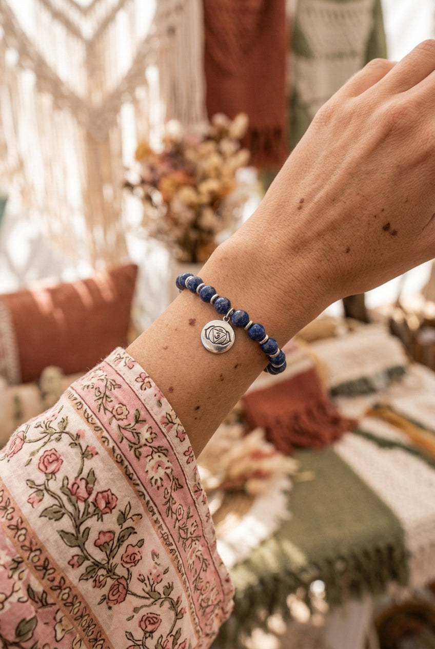 Brow Chakra Lapis Lazuli Activation Bracelet, White Rhodium