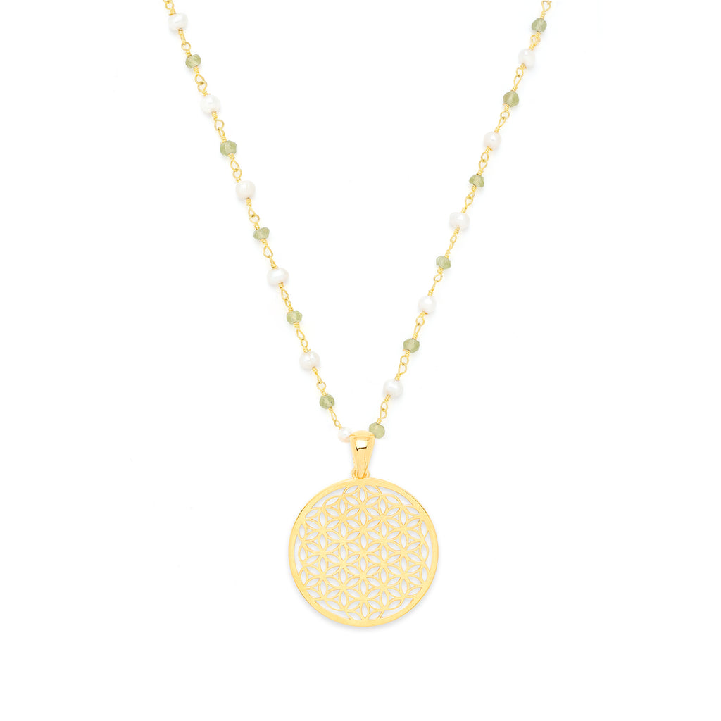 Divine Life Force Flower of Life Necklace – Pearl & Peridot in 18K Gold Spiritual Jewelry