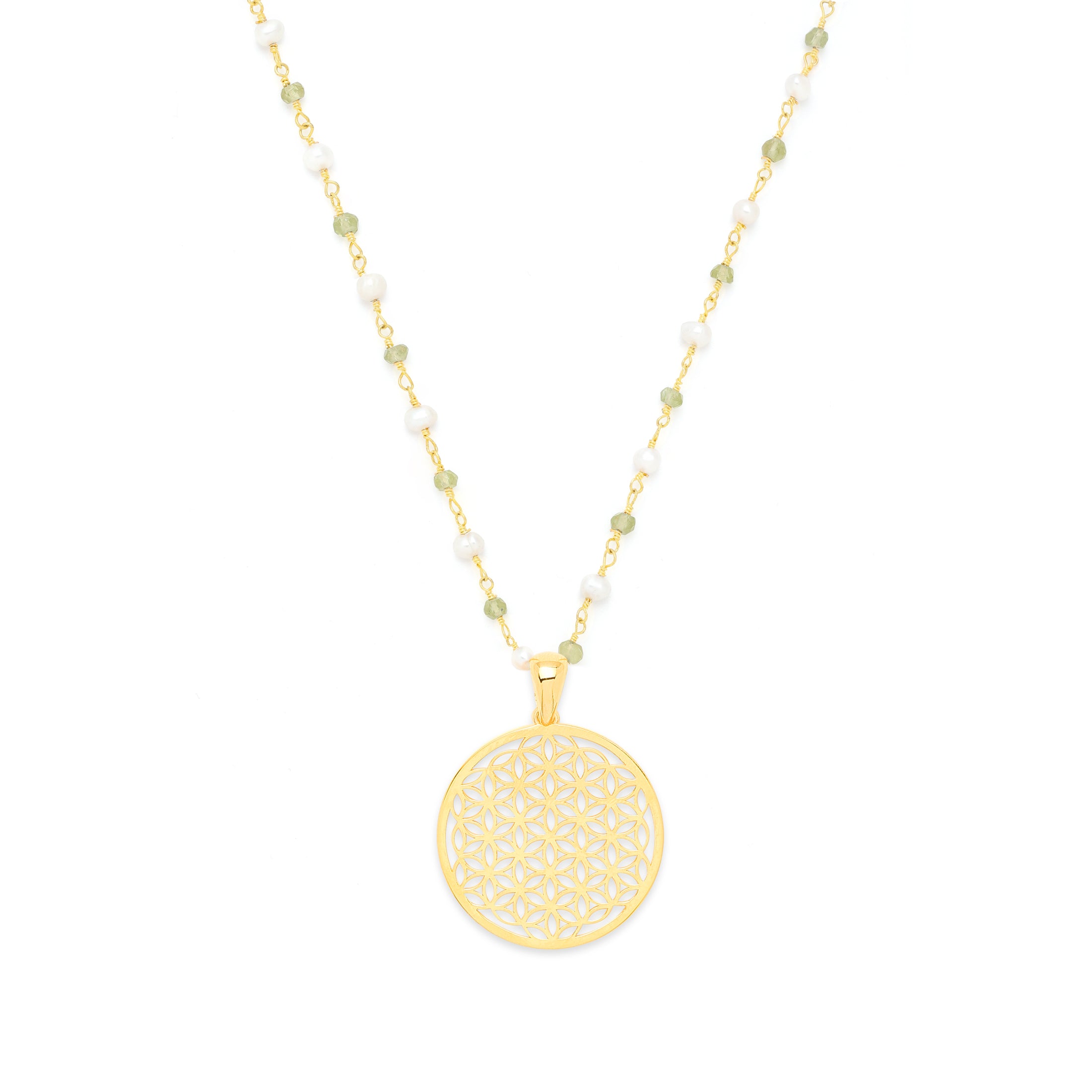 Divine Life Force Flower of Life Necklace – Pearl & Peridot in 18K Gold Spiritual Jewelry