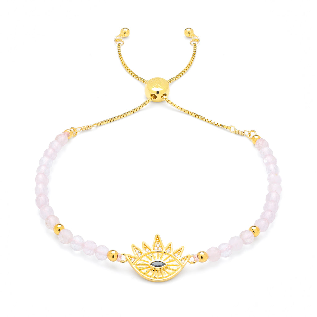 Heart Healing Evil Eye Bracelet – Rose Quartz with Sapphire in 18K Gold Spiritual Jewelry