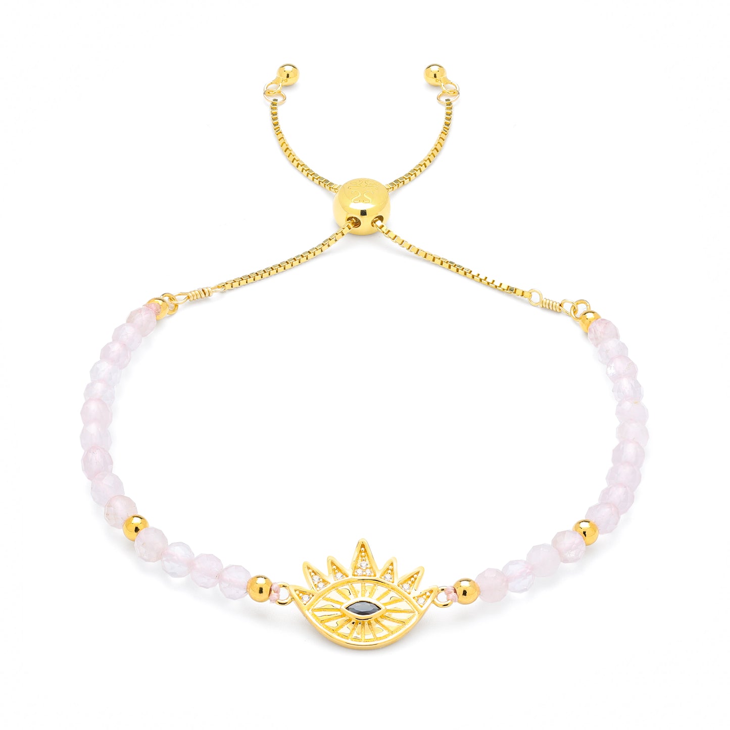 Heart Healing Evil Eye Bracelet, Rose Quartz with Sapphire, 18k Gold